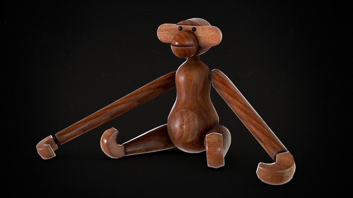 wooden monkey toy mid century decor 3d model