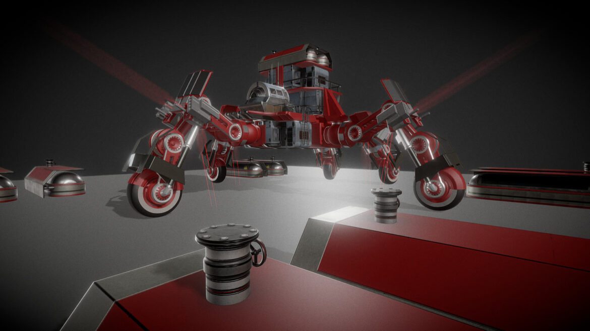 Hydraulic Suspension Blue 3d Model - Detailed blue hydraulic suspension module with standard tires, showcasing its robust design and engineering for virtual vehicle applications.