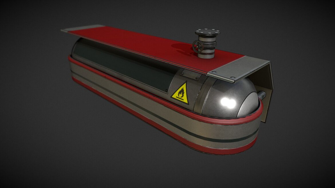 Red Fuel Tank 3d Model - High-detail red fuel tank 3d model for futuristic vehicles, rendered in a sci-fi environment.