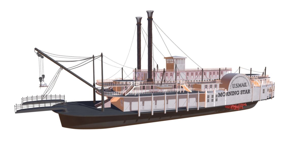 Historic Paddle Steamer 3d Model - Detailed historic paddle steamer river boat 3d model with wooden textures and dual paddle wheels.