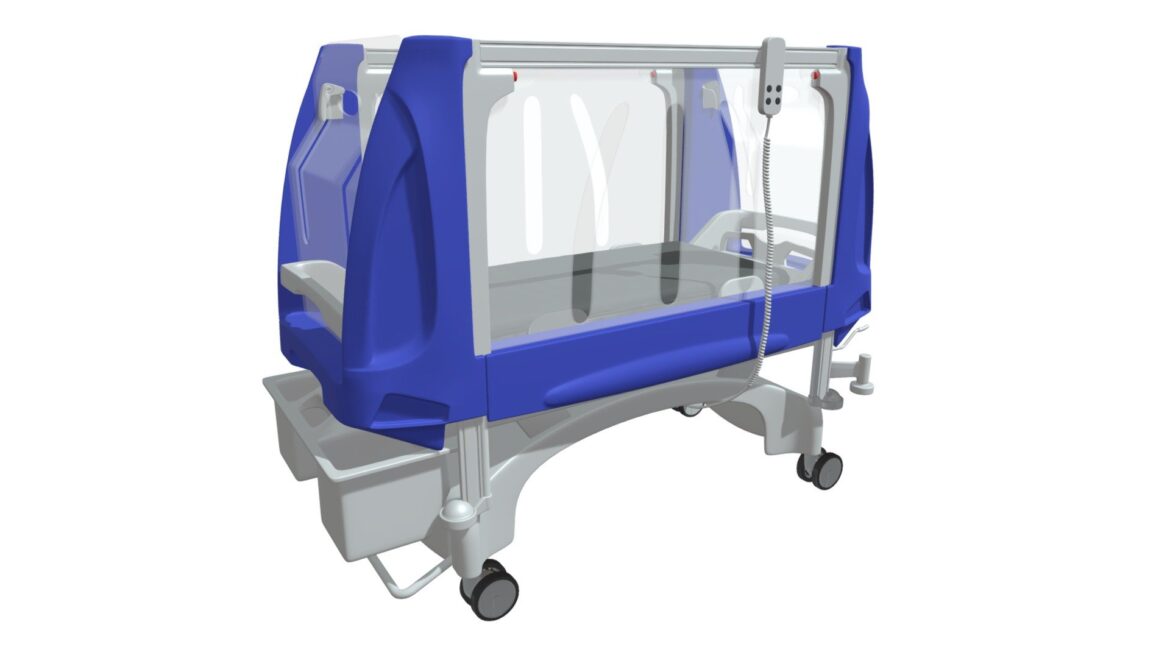 Pediatric Medical Bed 3d Model - Close-up view of a high-quality pediatric medical hospital bed 3d model with adjustable side rails and casters.
