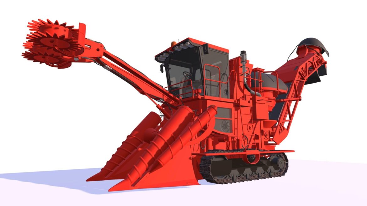 Sugar Cane Harvester 3d Model - Detailed 3D model of a modern sugar cane harvester in an agricultural setting