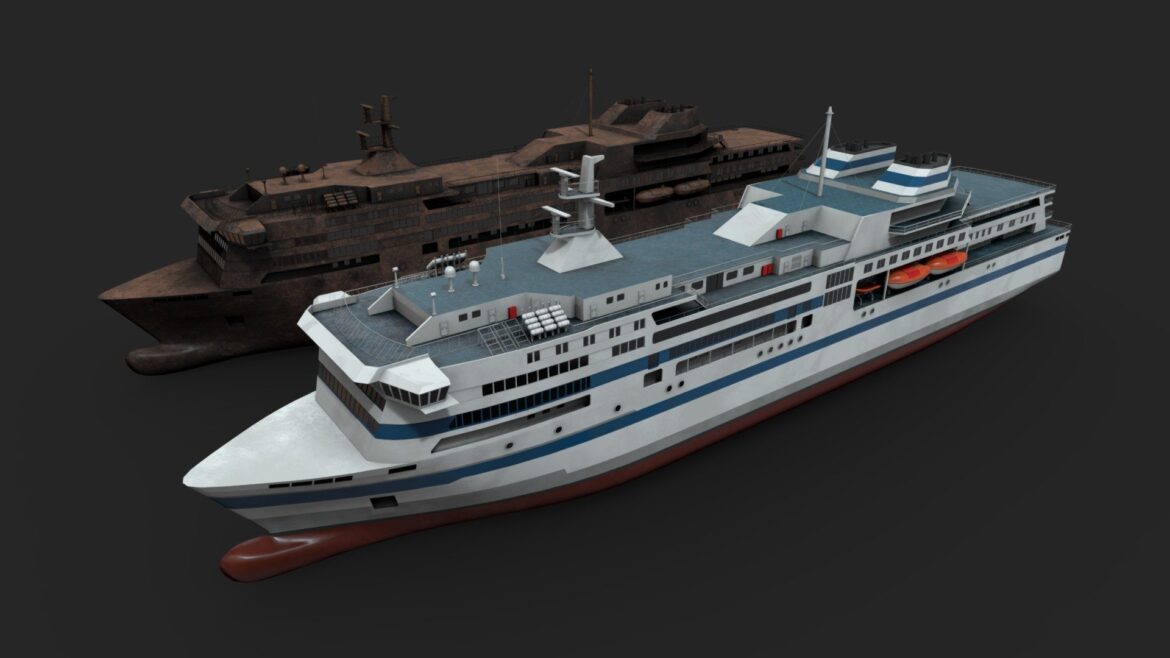 Car Ferry 3d Model - Heavily rusted car ferry 3d model, perfect for industrial visualizations and abandoned maritime scenes.