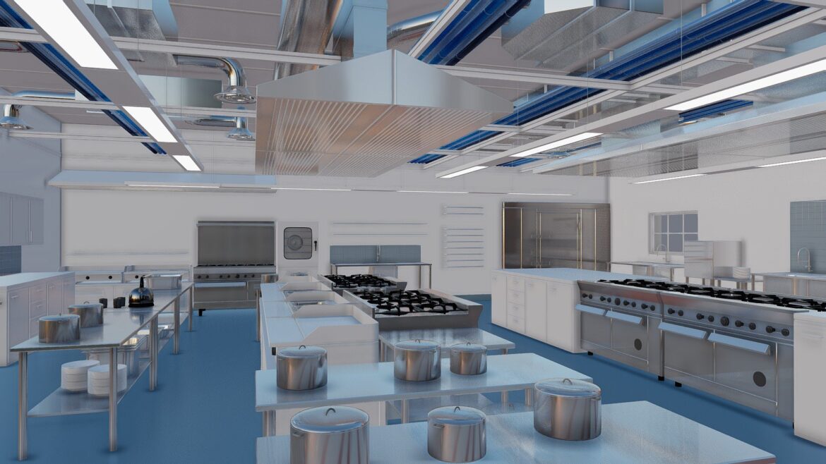Commercial Kitchen 2014 3d Model - Highly detailed commercial kitchen 3D model with stainless steel appliances and prep stations.
