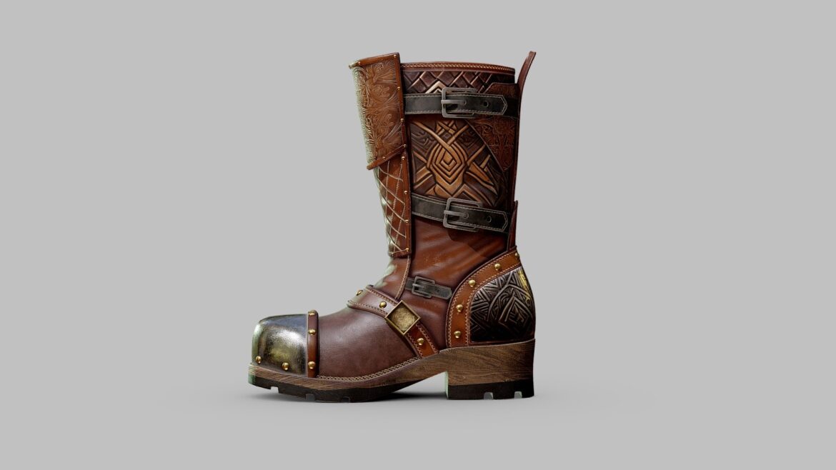 Dwarf Boot 3d Model - Highly detailed 3D model of a weathered dwarf boot with buckles and thick sole, perfect for fantasy character designs or medieval game environments.