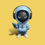 Stylized humanoid figure with headphones