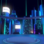 virual event stage in cyberpunk city