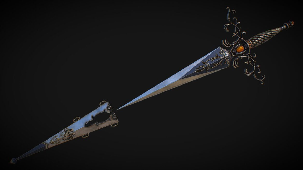Fantasy Sword 27 3d Model - High-definition fantasy sword 27 with scabbard 3D model, showcasing detailed PBR textures and realistic craftsmanship.