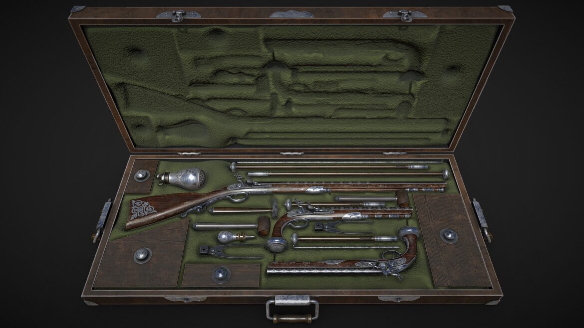 Flintlock Gun Case 3d Model - Highly detailed 3D model of a vintage flintlock gun case with PBR textures and brass fittings.