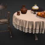 Furniture set with dishes and fruit