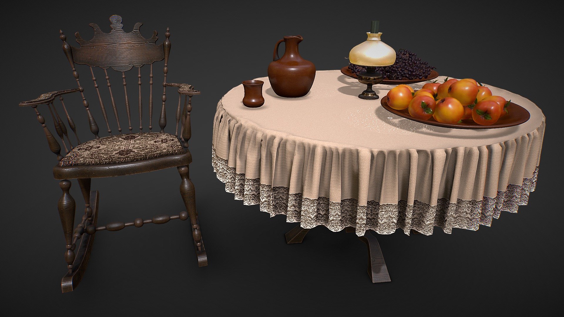 Furniture set with dishes and fruit