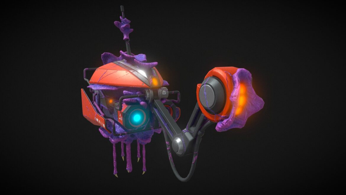 Infested Drone 3d Model - A highly detailed 3D model of an infested research drone, featuring corrupted textures and sci-fi elements inspired by No Man's Sky.
