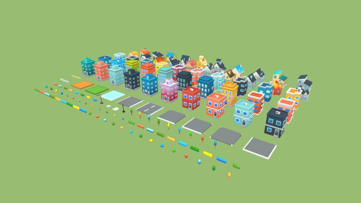 low poly city and roads pack 125 props 3d model