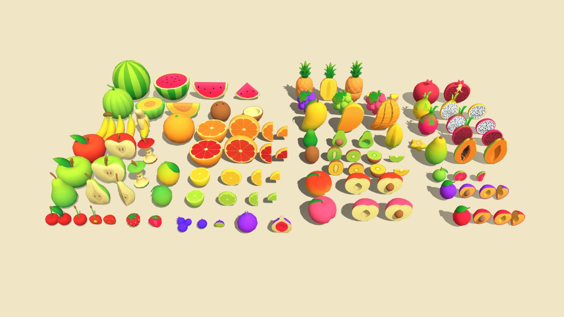 Low Poly Fruit Mega Pack (100+ Props, 25 Fruits)