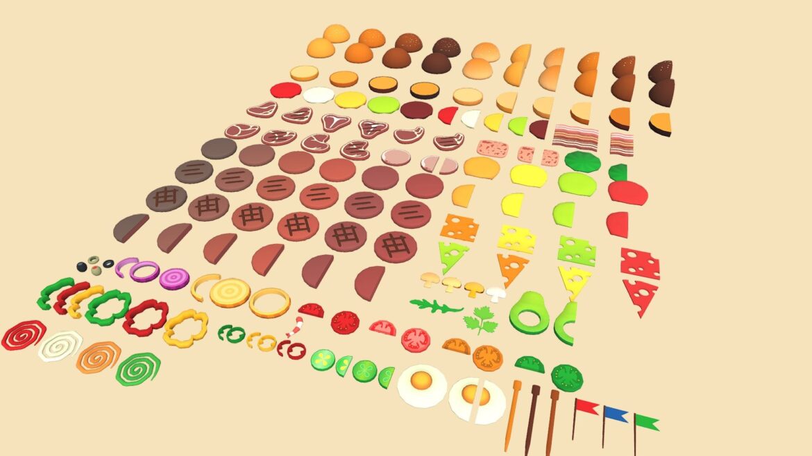 Modular Burger 3d Model - Low poly modular burger ingredients pack showcasing various buns, patties, cheese, and vegetables ready for assembly in a game or stylized scene.