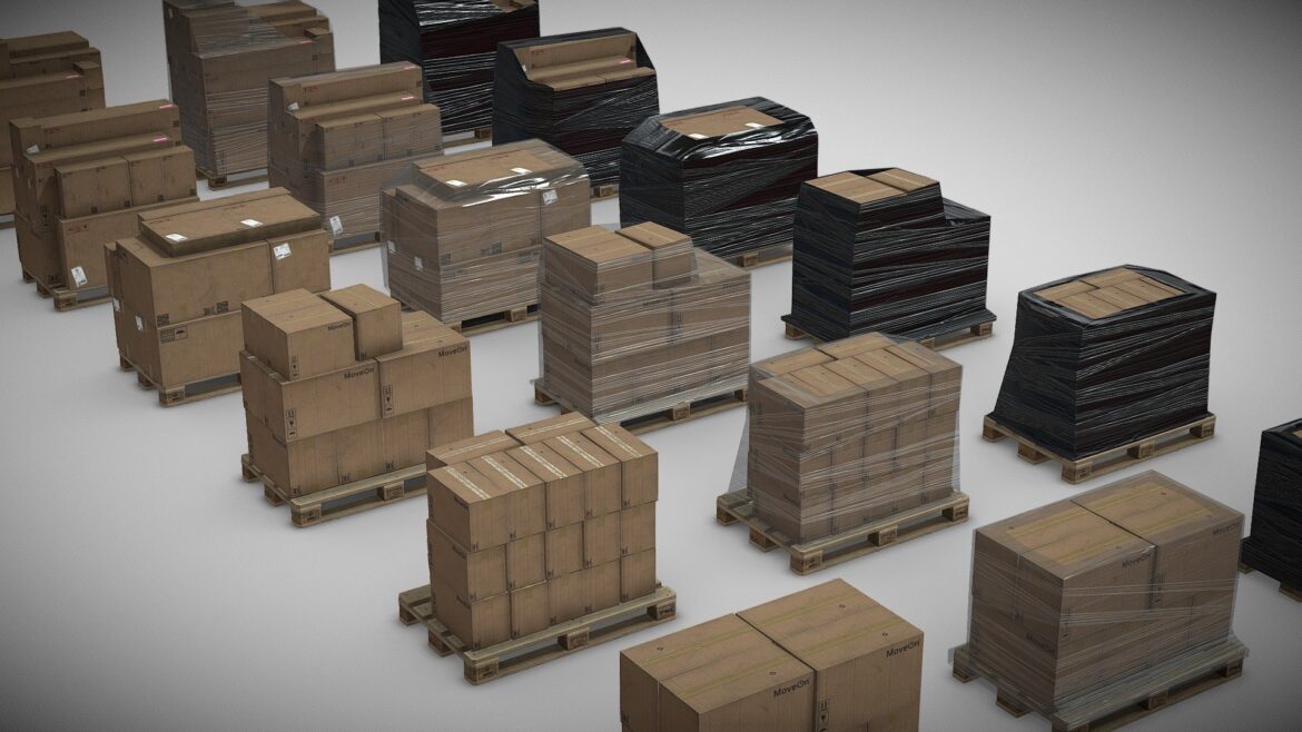 wood pallets with goods 3d model