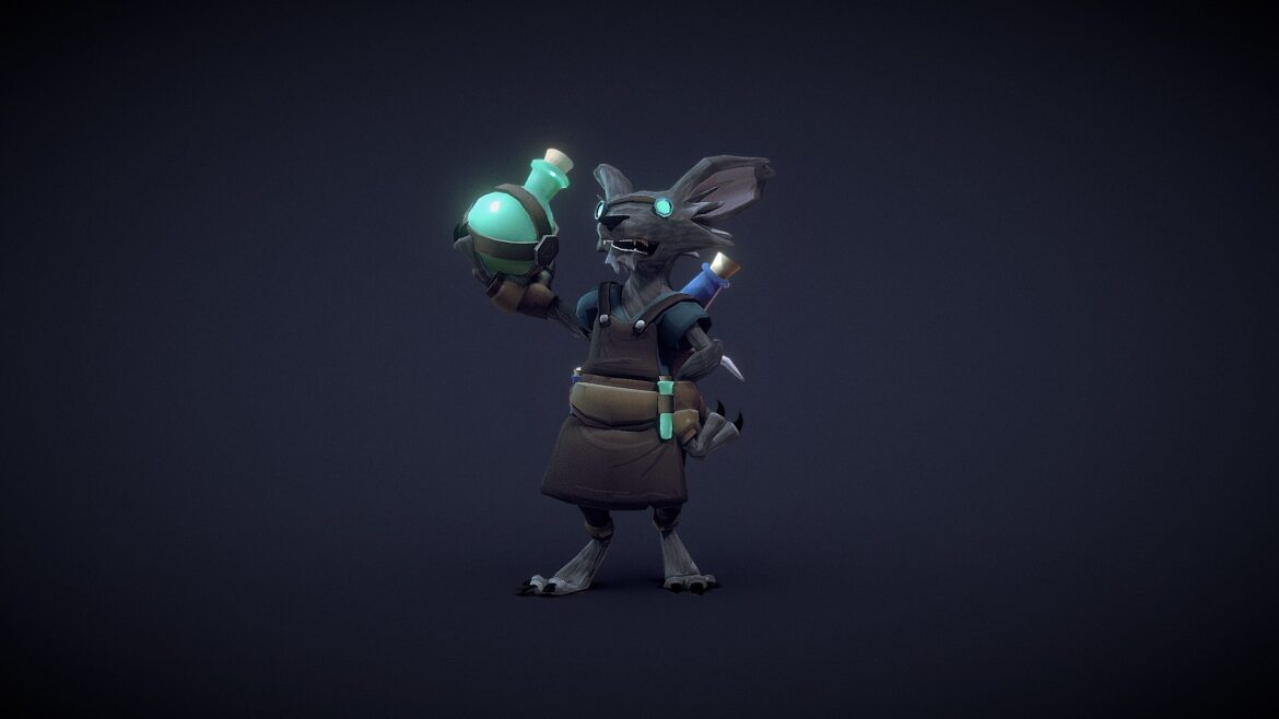 Alchemy Rat Character 3d Model - Low-poly alchemist rat character with potion bottle and satchel