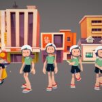 Character Animated city house bike moto