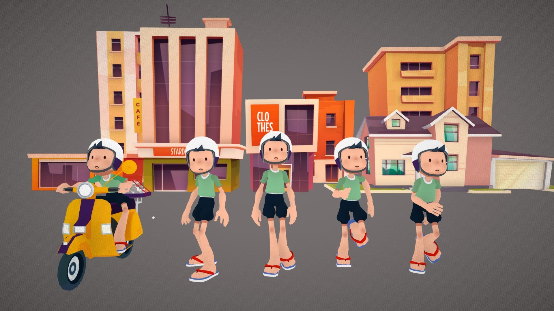 Character Animated city house bike moto