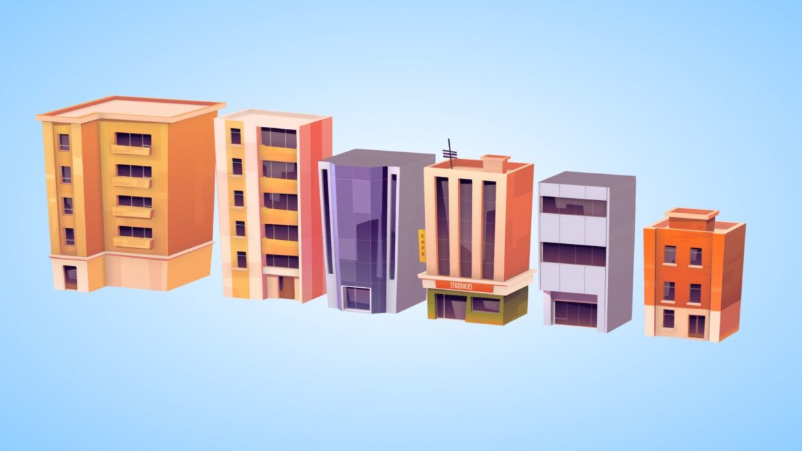 lowpoly city street pack buildings styliz 3d model