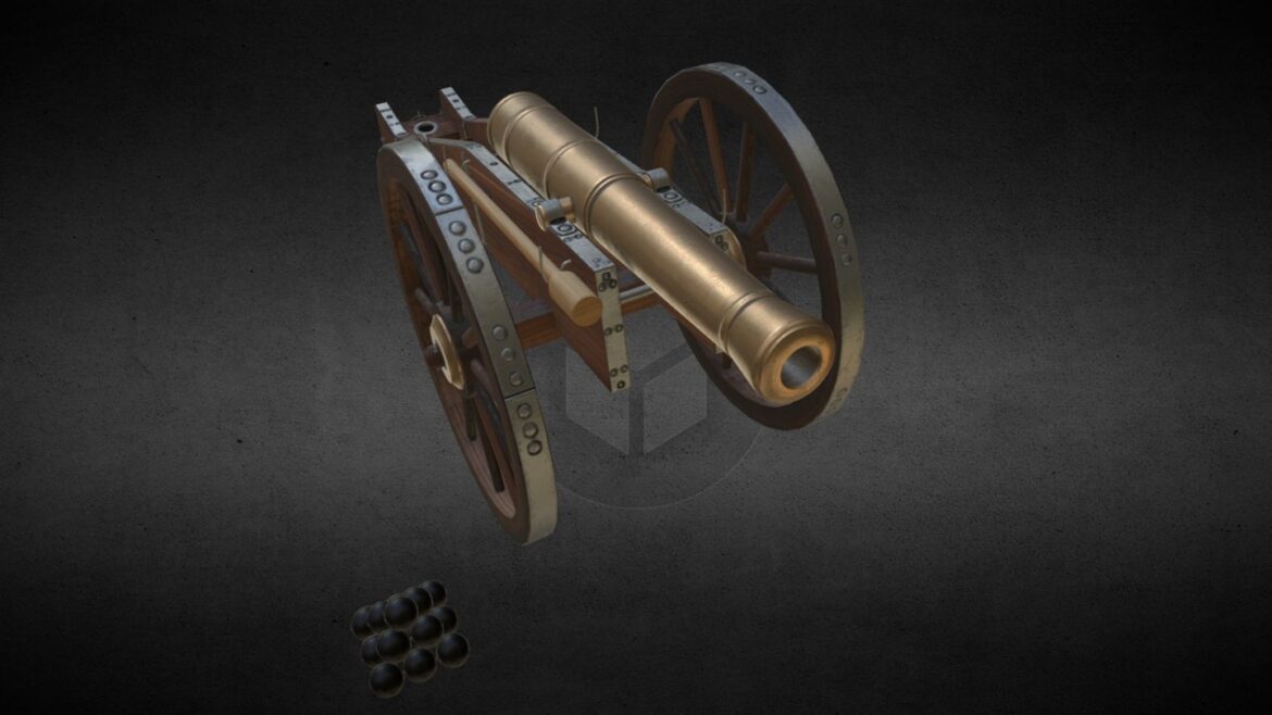 Realistic Medieval Cannons 3d Model - A collection of three realistic medieval cannons, including a field cannon, mortar, and naval cannon, positioned on a battlefield, rendered with high-quality PBR textures.