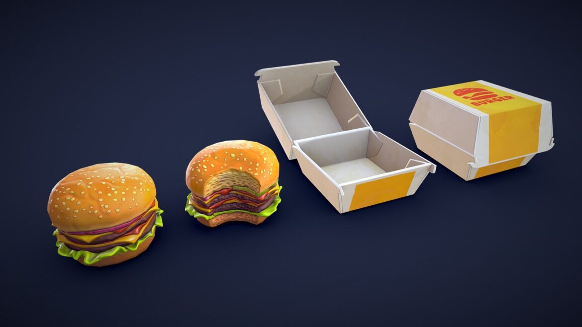 stylized double burger and box low poly 3d model