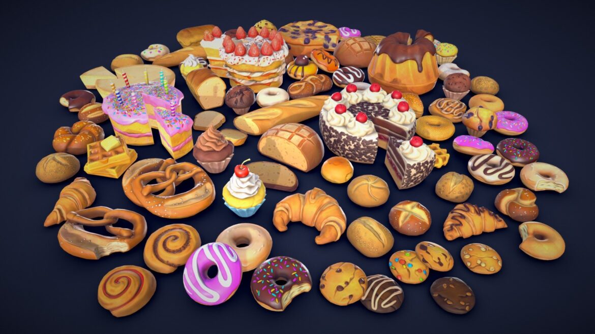 stylized pastries collection low poly 3d model