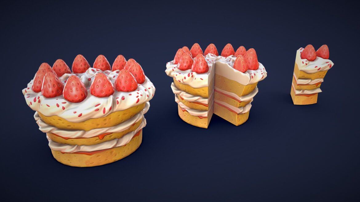 stylized strawberry cake low poly 3d model