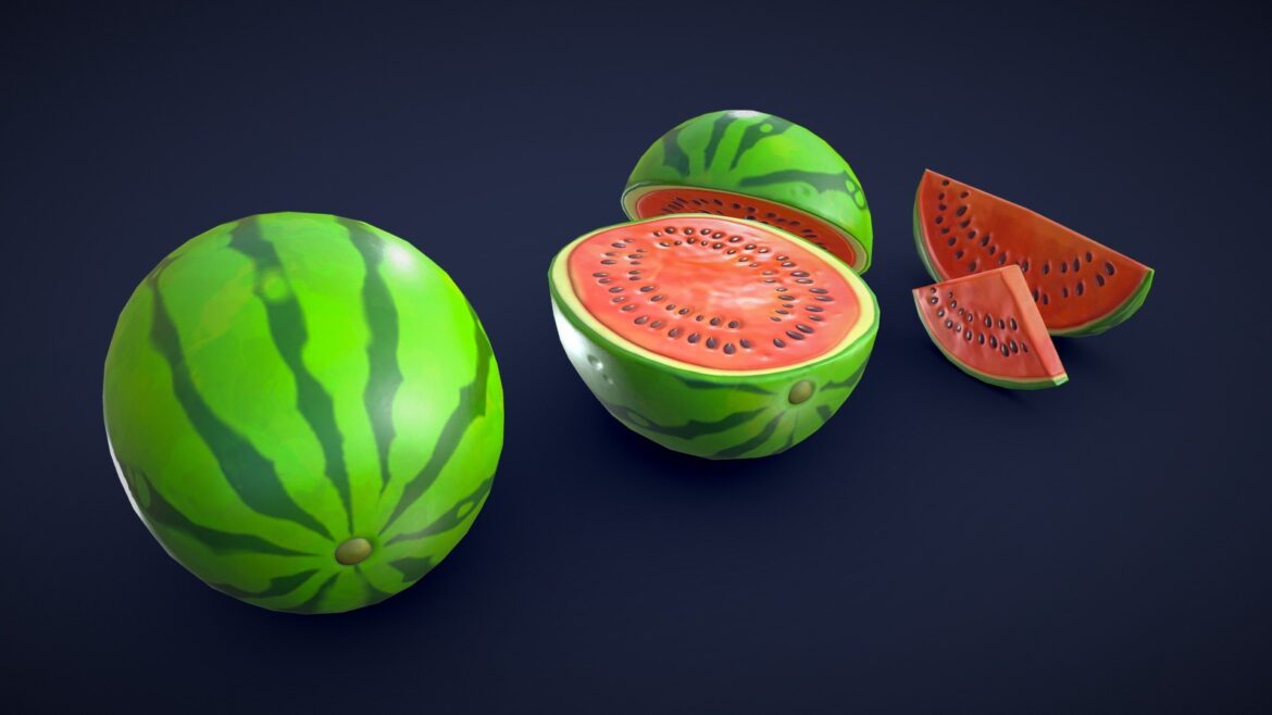 Stylized Watermelon 3d Model - Stylized low poly watermelon 3D model with vibrant green rind and red flesh, ideal for game assets.