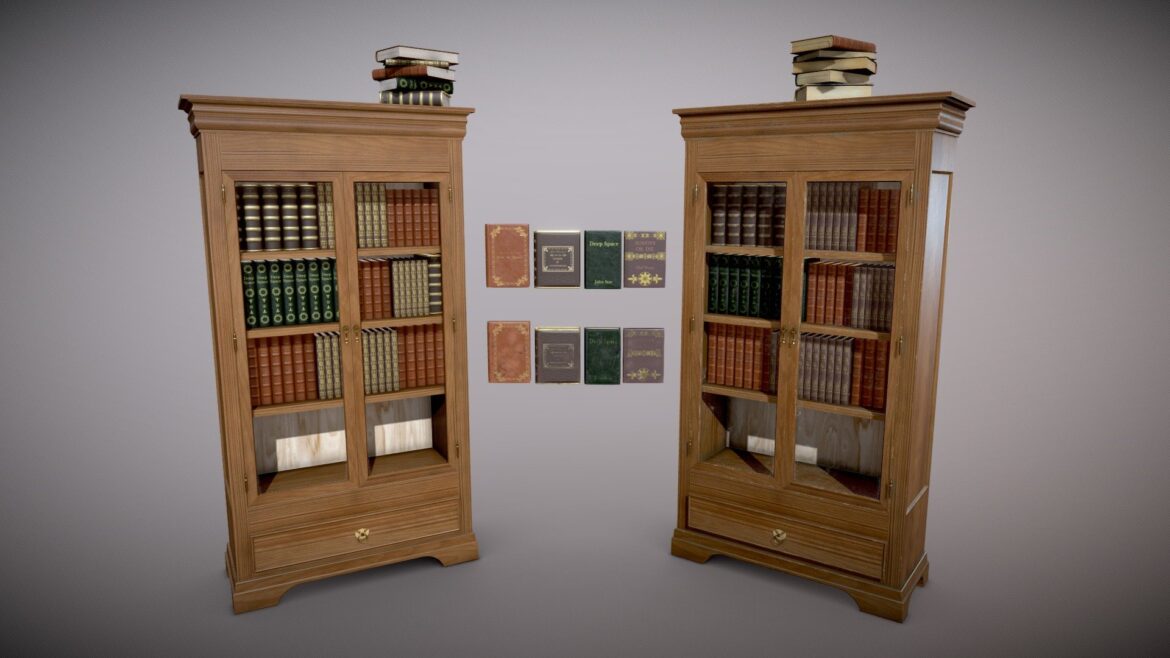 vintage bookcase and books clean and dirty 3d model