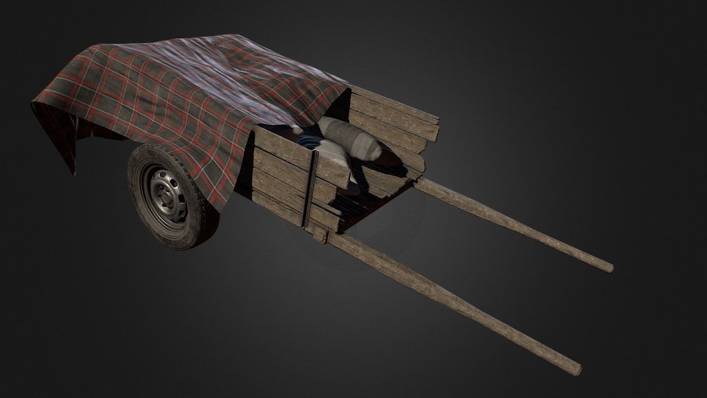 wooden cart with sacks and cloth 3d model