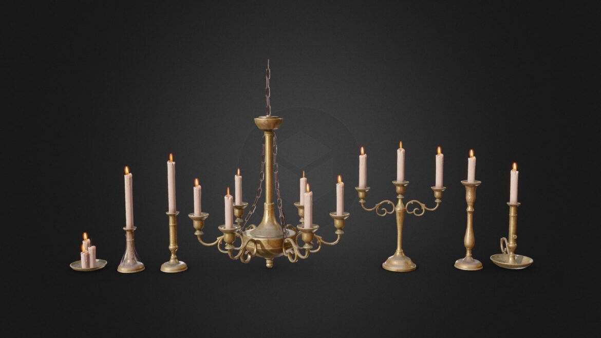 candle holder and chandelier pack low poly 3d model