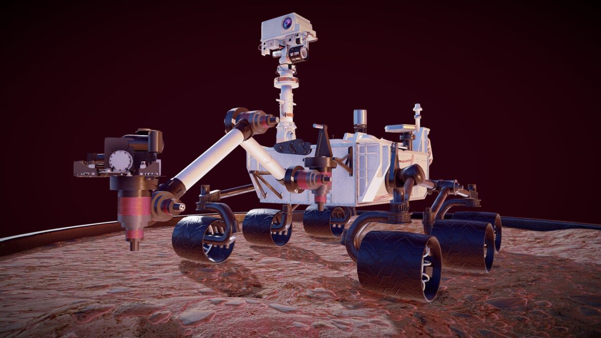 Curiosity Mars Rover 3d Model - Highly detailed curiosity mars rover 3d model showing scientific instruments and wheels on a Martian surface