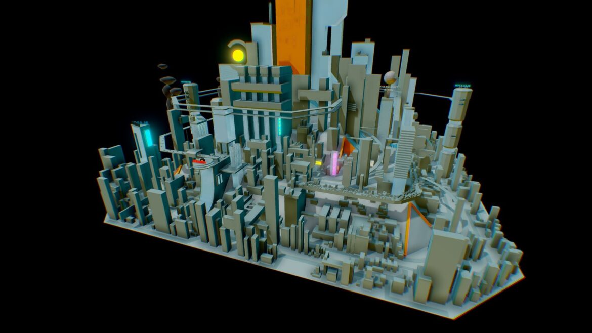 Cyberpunk City Scene 3d Model - Detailed 3D model of a sprawling cyberpunk city scene with towering skyscrapers, neon lights, and futuristic urban elements.