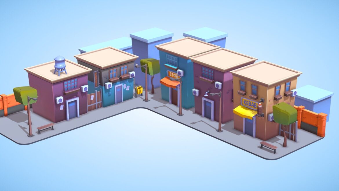 stylized lowpoly modular city props buildings 3d model