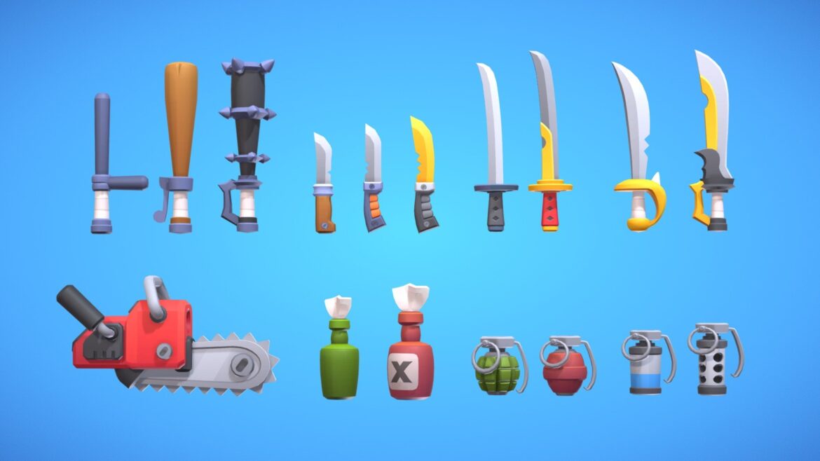stylized melee weapons and explosives 3d model