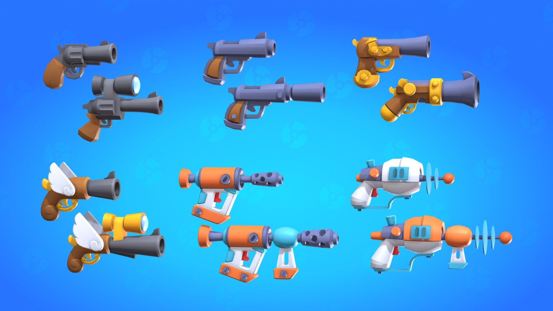 Stylized pistols guns lowpoly