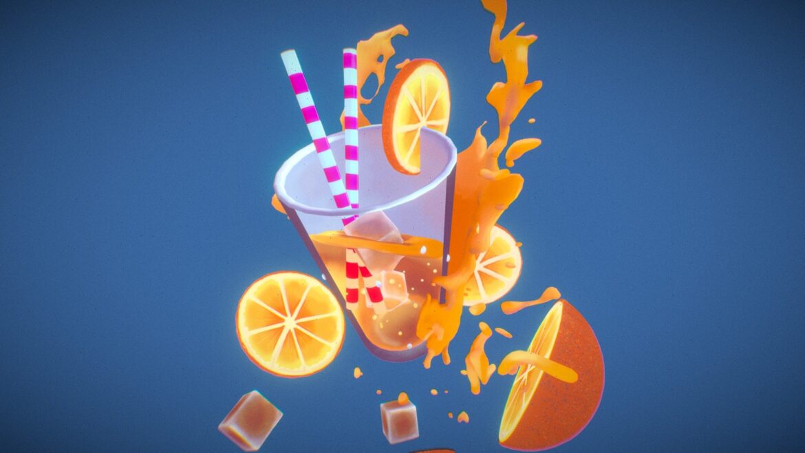 A vibrant fresh orange juice 3d model with a hand-painted style.