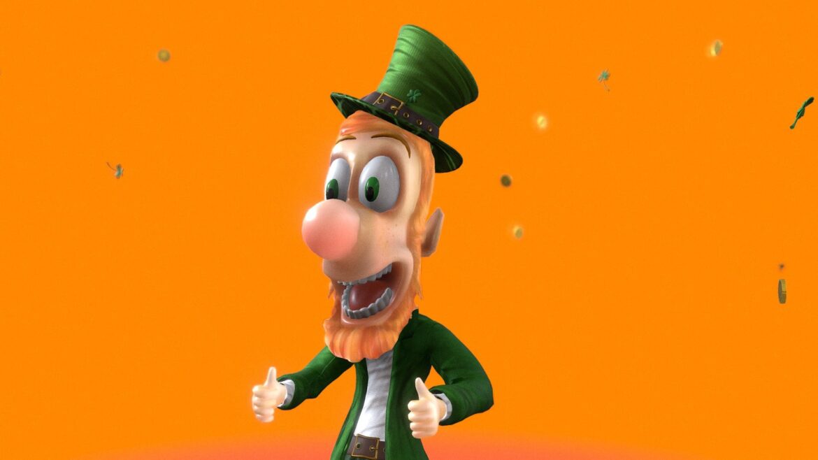 St Patricks Holiday 3d Model - Detailed 3D render of a green leprechaun hat with shamrocks and gold coins.