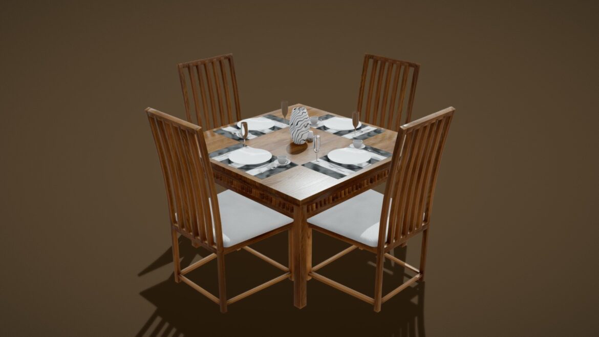 A detailed render of the lowpoly dining table 3d model with all its accessories.