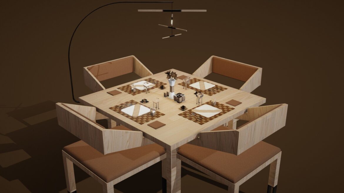 Dining Table Concept 3d Model - Modern dining table concept 3D model with four chairs, lamp, and detailed tableware setup for interior visualization.