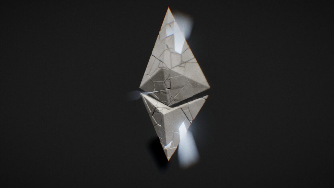 Ethereum Explode 3d Model - Dynamic Ethereum rock explosion revealing a brilliant ETH diamond 3D model