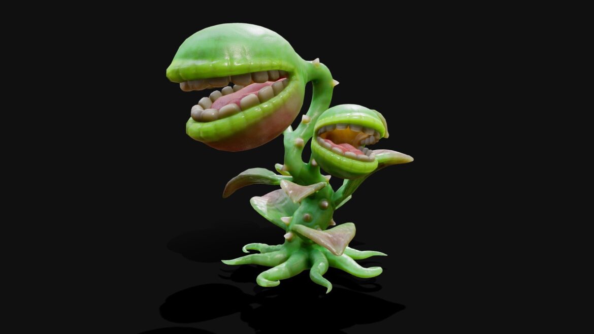 Carnivorous Plant 3d Model - A stylized multi-headed carnivorous plant 3D model with expressive faces and detailed green and purple textures.