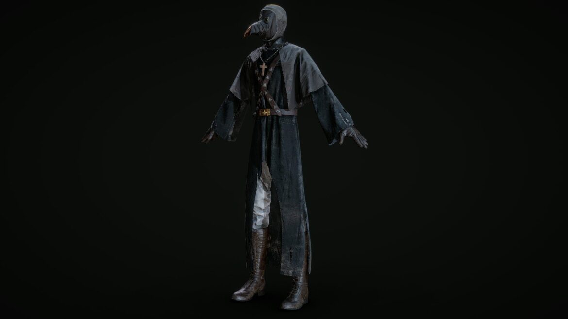 Plague Doctor 3d Model - High-detail 3D model of a historical plague doctor with a distinctive beak mask and flowing cloak, ready for digital projects