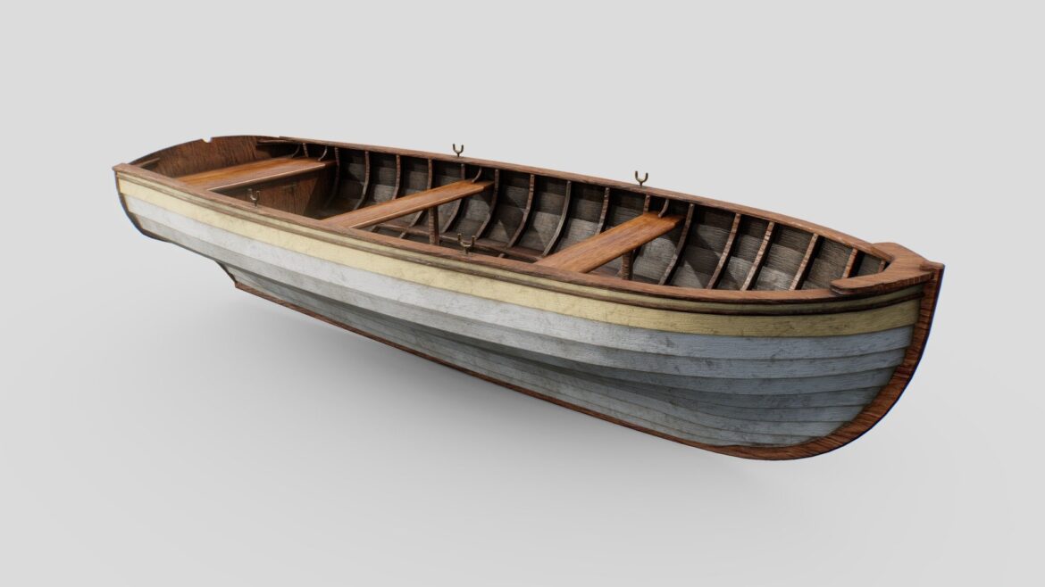 Simple Row Boat 3d Model - Simple wooden row boat 3D model floating on calm water, viewed from a slight angle.