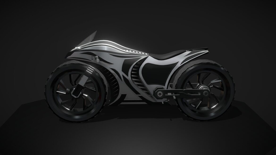 Scifi Bike 3d Model - Sci-fi Bike 3D model with dynamic, shape-shifting tires, futuristic concept vehicle design.
