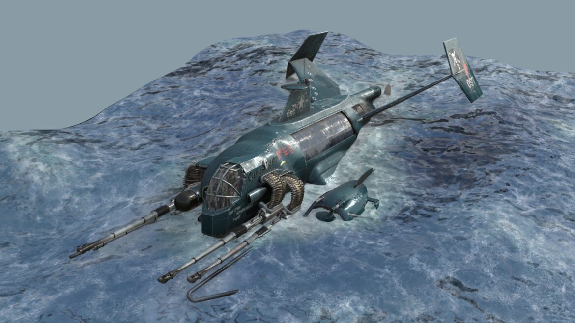 Sea Wraith Submarine 3d Model - Sea Wraith dieselpunk VTOL submarine diorama 3D model with detailed water textures and retro-futuristic design.