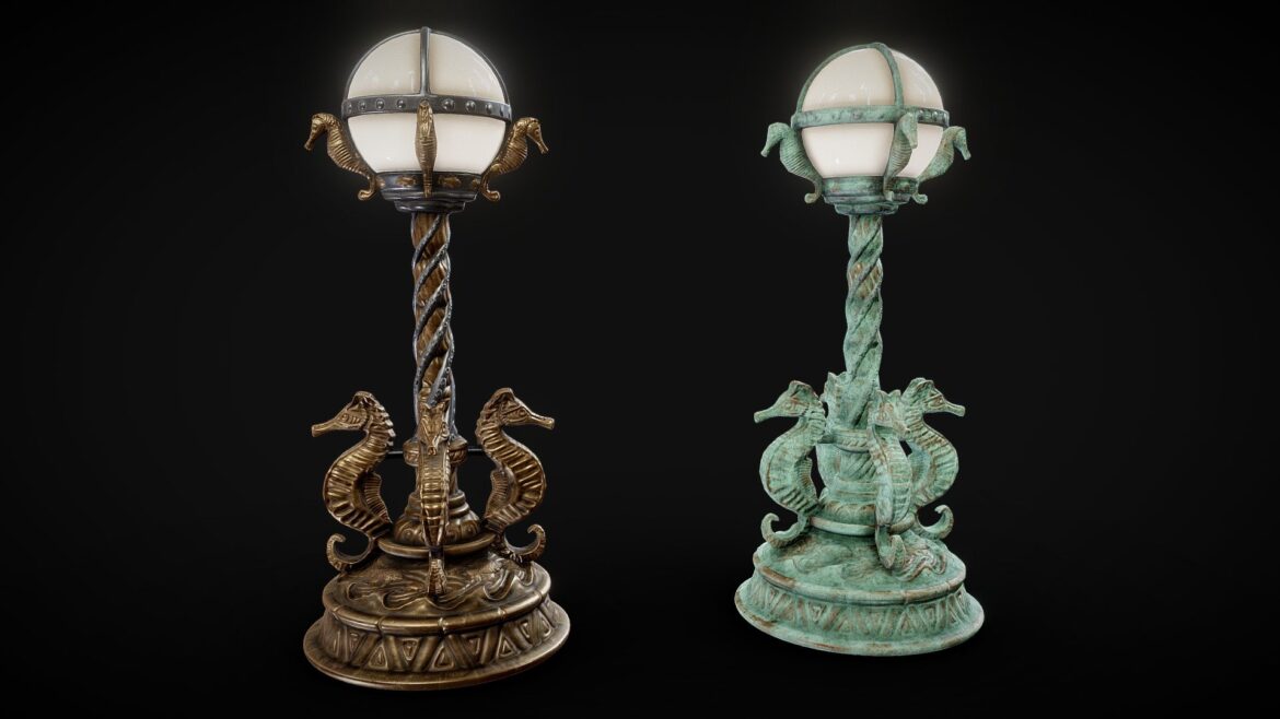Seahorse Lamp 3d Model - Detailed 3D render of a stylized seahorse lamp with ambient light glowing, showcasing its unique form and aquatic design.