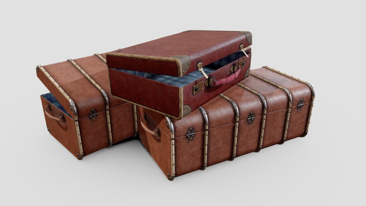 Antique Travel Suitcases 3d Model - Two highly detailed antique travel suitcases 3d model, showcasing vintage leather textures and distressed metal hardware, perfect for historical visualizations.