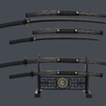 Black Double Bladed Katana Wakizashi and Stand